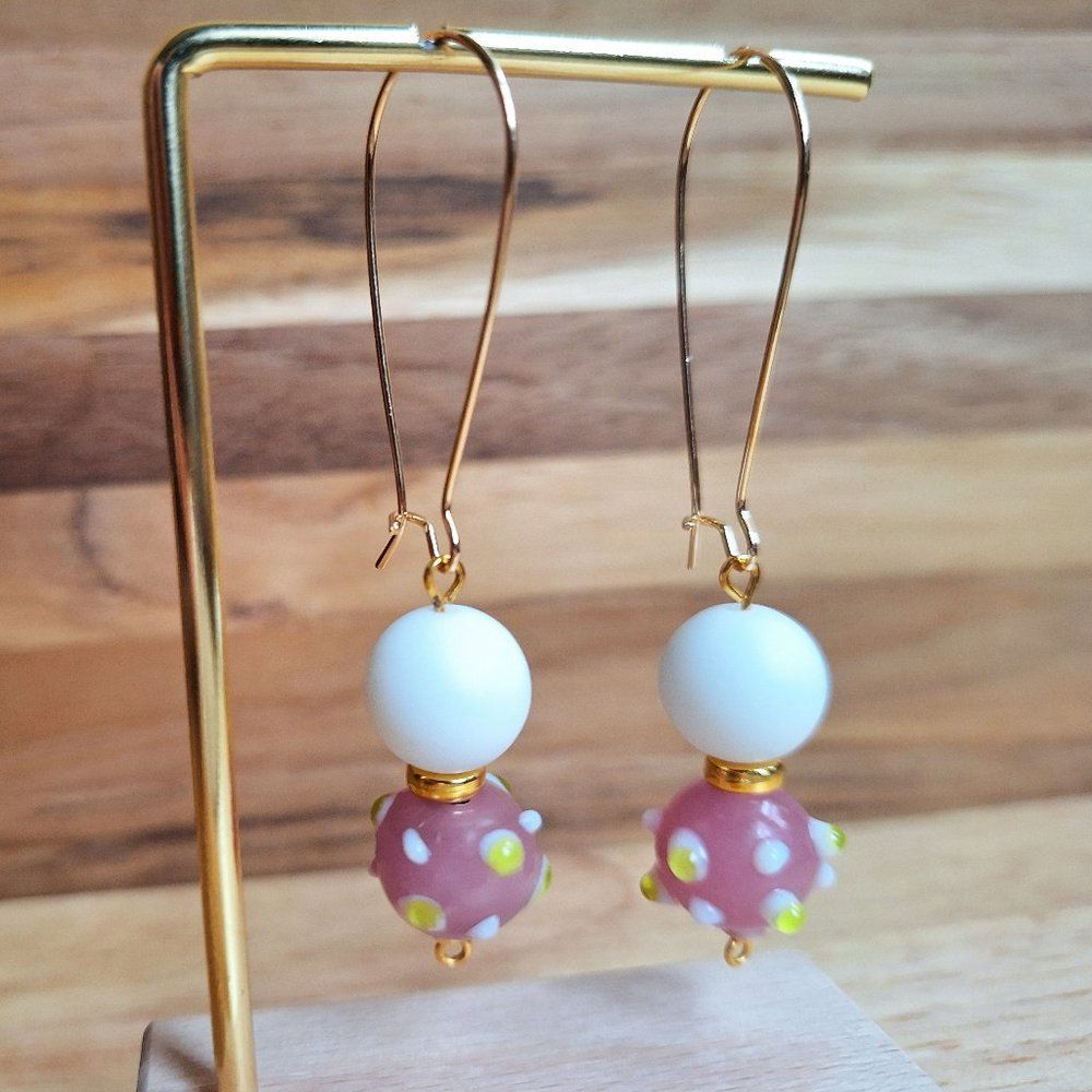 Matte White Stone Floral Gold French Leverback Earrings Boho Coquette Pink Gifts